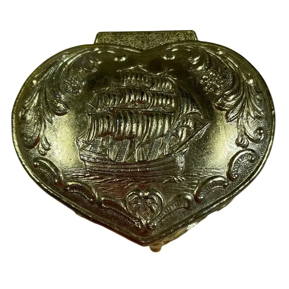 Vintage Gold Trinket Jewelry Box Japan Embossed Ship & Heart Hinged Footed